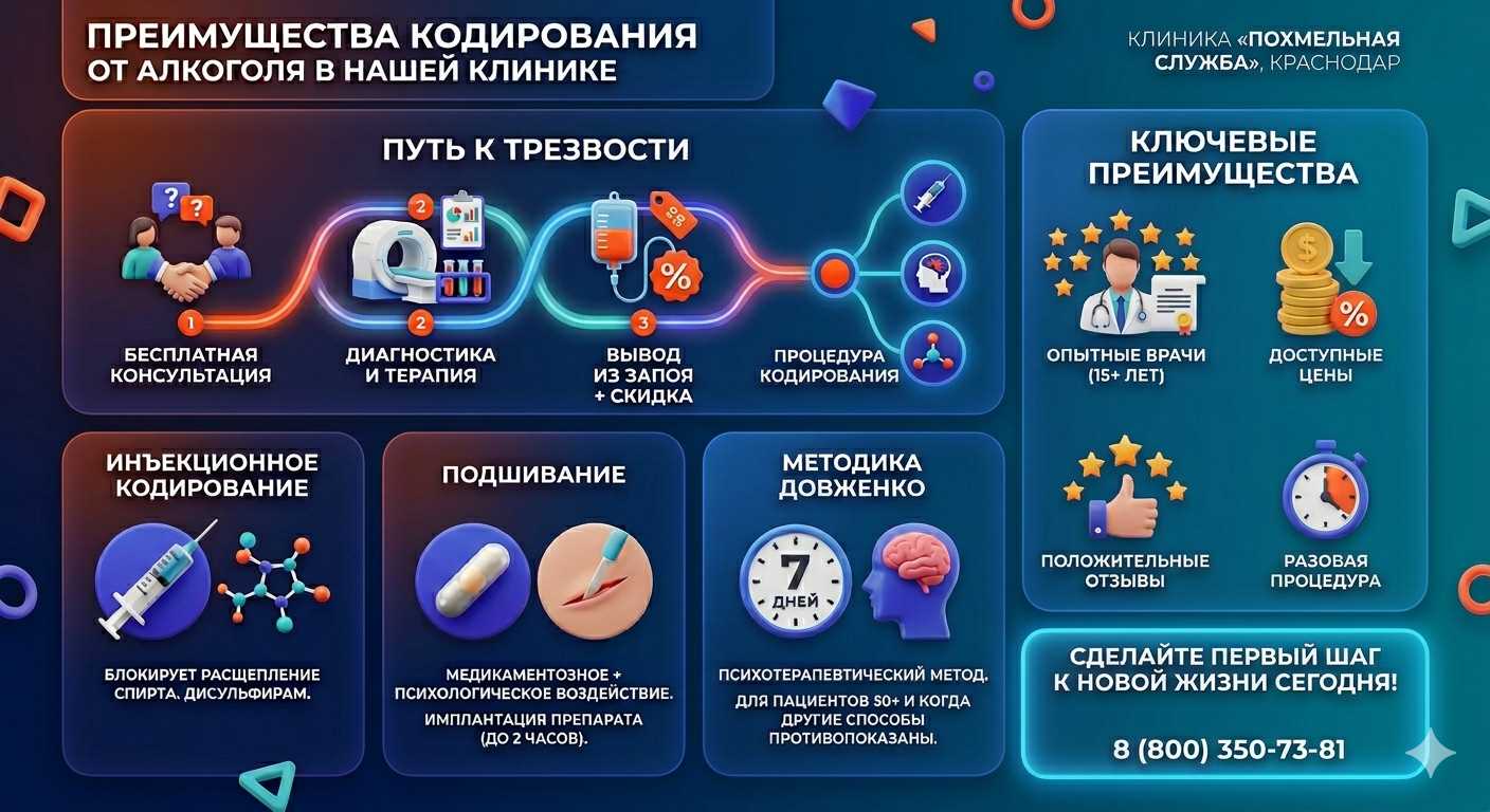 Инфографика о методах кодирования от алкоголя в Шепси: инъекции, подшивание, метод Довженко. Преимущества клиники и этапы лечения.
